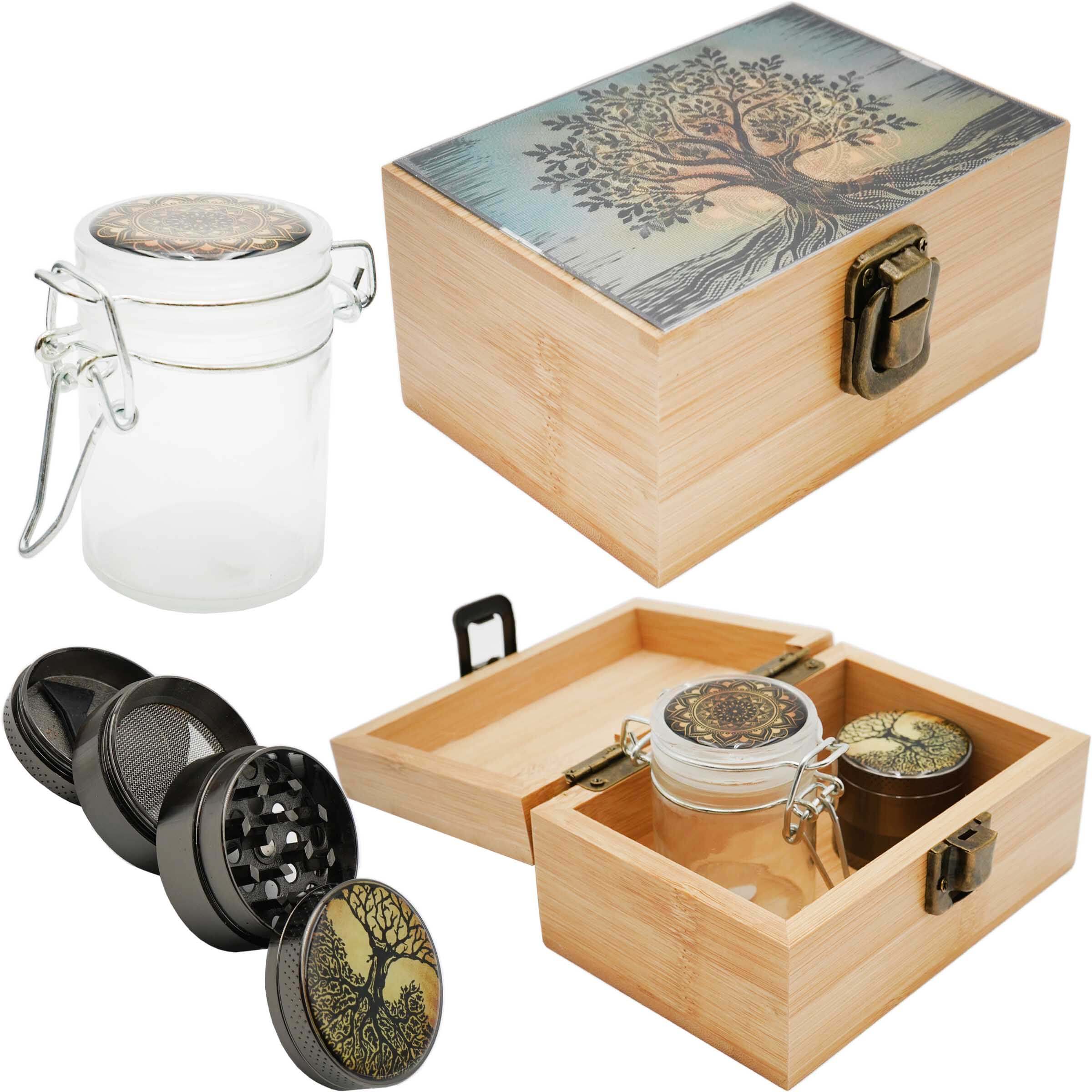 Bamboo 3D Design Box with 40mm 4 Part Grinder And Jar Set (3DBSP) | Small | Assorted Designs product image